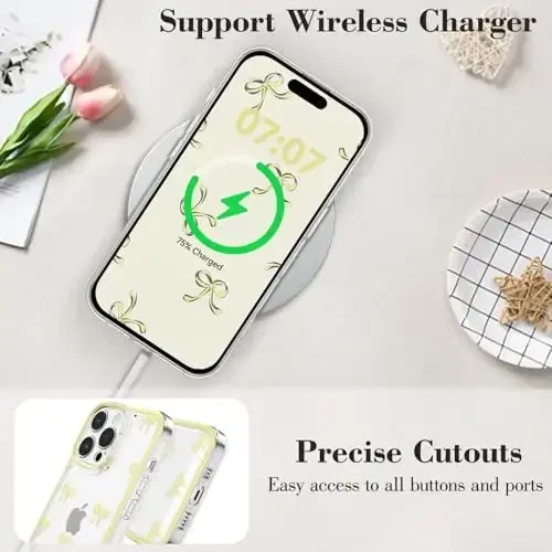EYZUTAK Case for iPhone 16 Pro, Clear Cute Ribbon Bowknot Pattern Aesthetic Transparent Phone Case Raised Camera Protection Stylish Slim Soft Durable TPU Protective Cover for Women Girls - Yellow - 5