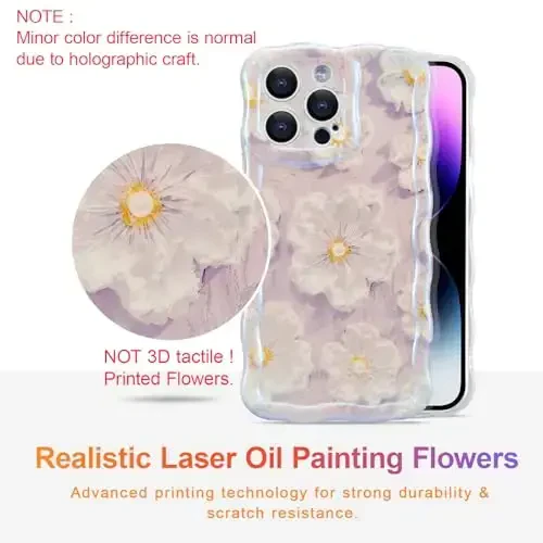 EYZUTAK Case for iPhone 16 Pro, Colorful Retro Oil Painting Flower Laser Glossy Pattern Cute Curly Wave Edge Exquisite Phone Cover Stylish Durable TPU Protective Case for Girl Women - Light Purple - 2