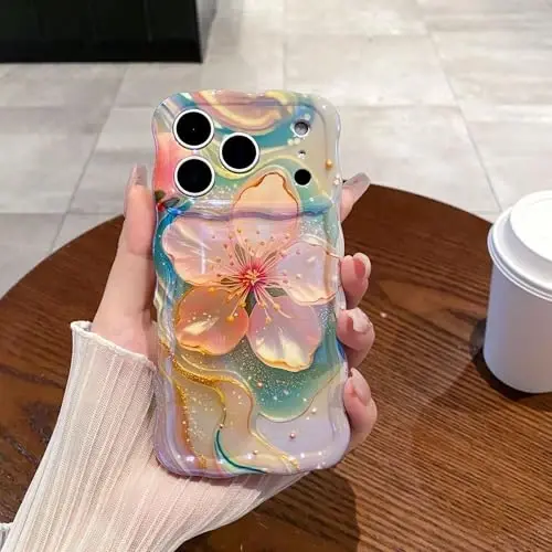 EYZUTAK Case for iPhone 16 Pro, Colorful Retro Oil Painting Flower Laser Glossy Pattern Cute Curly Wave Edge Exquisite Phone Cover Stylish Durable TPU Protective Case for Girl Women - Sakura - 4