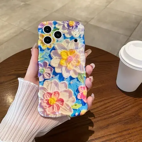EYZUTAK Case for iPhone 16 Pro, Colorful Retro Oil Painting Flower Laser Glossy Pattern Cute Curly Wave Edge Exquisite Phone Cover Stylish Durable TPU Protective Case for Girl Women - White - 5