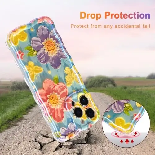 EYZUTAK Case for iPhone 16 Pro, Colorful Retro Oil Painting Flower Laser Glossy Pattern Cute Curly Wave Edge Exquisite Phone Cover Stylish Durable TPU Protective Case for Women - Butterfly Flower - 3