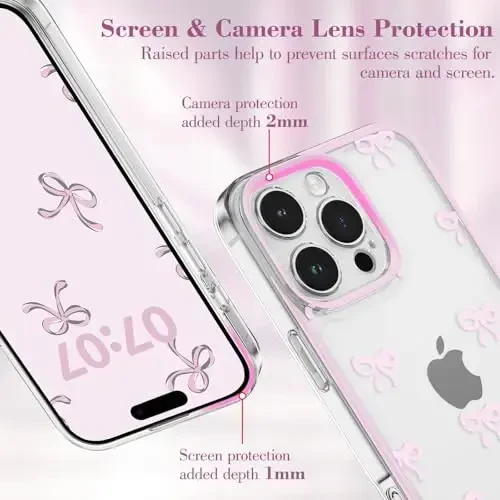 EYZUTAK Case for iPhone 16 Pro Max, Clear Cute Ribbon Bowknot Pattern Aesthetic Transparent Phone Case Raised Camera Protection Stylish Slim Soft Durable TPU Protective Cover for Women Girls - Pink - 2