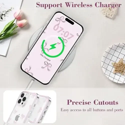 EYZUTAK Case for iPhone 16 Pro Max, Clear Cute Ribbon Bowknot Pattern Aesthetic Transparent Phone Case Raised Camera Protection Stylish Slim Soft Durable TPU Protective Cover for Women Girls - Pink - 5