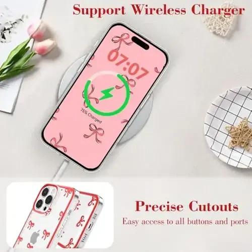 EYZUTAK Case for iPhone 16 Pro Max, Clear Cute Ribbon Bowknot Pattern Aesthetic Transparent Phone Case Raised Camera Protection Stylish Slim Soft Durable TPU Protective Cover for Women Girls - Red - 8