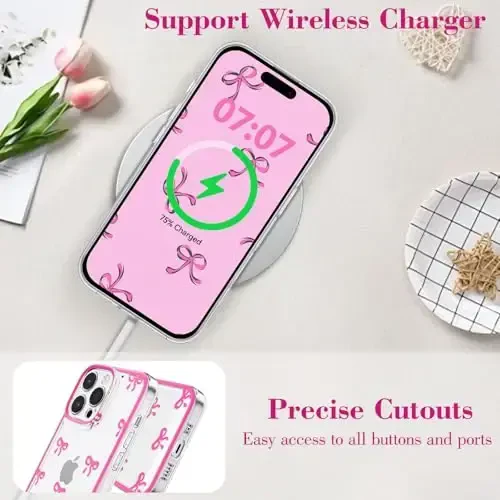 EYZUTAK Case for iPhone 16 Pro Max, Clear Cute Ribbon Bowknot Pattern Aesthetic Transparent Phone Case Raised Camera Protection Stylish Slim Soft Durable TPU Protective Cover for Women Girls -Rose Red - 5