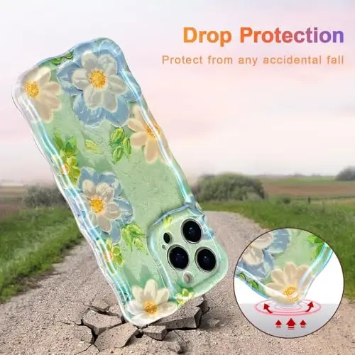 EYZUTAK Case for iPhone 16 Pro Max, Colorful Retro Oil Painting Flower Laser Glossy Pattern Cute Curly Wave Edge Exquisite Phone Cover Stylish Durable TPU Protective Case for Girl Women - Blue White - 3