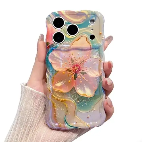 EYZUTAK Case for iPhone 16 Pro Max, Colorful Retro Oil Painting Flower Laser Glossy Pattern Cute Curly Wave Edge Exquisite Phone Cover Stylish Durable TPU Protective Case for Girl Women - Sakura - EYZUTAK