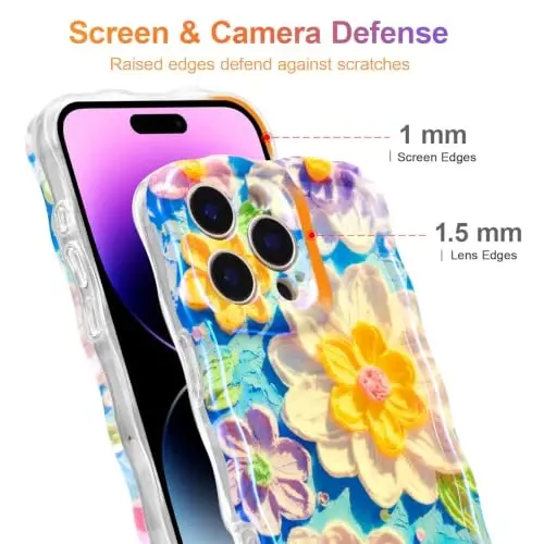 EYZUTAK Case for iPhone 16 Pro Max, Colorful Retro Oil Painting Flower Laser Glossy Pattern Cute Curly Wave Edge Exquisite Phone Cover Stylish Durable TPU Protective Case for Girl Women - White - 4