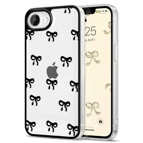 EYZUTAK Case for iPhone 16e, Clear Cute Ribbon Bowknot Pattern Aesthetic Transparent Phone Case Raised Camera Protection Stylish Slim Soft Durable TPU Protective Cover for Women Girls - Black 