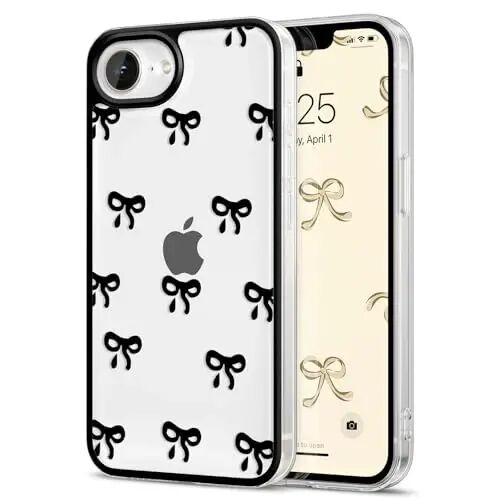 EYZUTAK Case for iPhone 16e, Clear Cute Ribbon Bowknot Pattern Aesthetic Transparent Phone Case Raised Camera Protection Stylish Slim Soft Durable TPU Protective Cover for Women Girls - Black - EYZUTAK