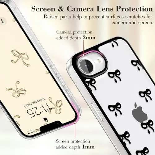 EYZUTAK Case for iPhone 16e, Clear Cute Ribbon Bowknot Pattern Aesthetic Transparent Phone Case Raised Camera Protection Stylish Slim Soft Durable TPU Protective Cover for Women Girls - Black - EYZUTAK (1)