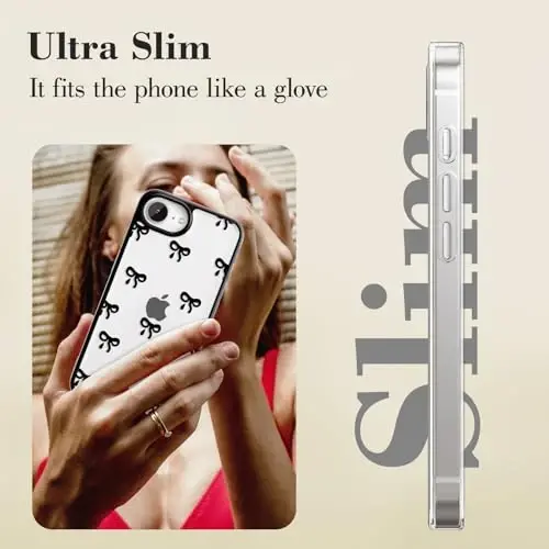 EYZUTAK Case for iPhone 16e, Clear Cute Ribbon Bowknot Pattern Aesthetic Transparent Phone Case Raised Camera Protection Stylish Slim Soft Durable TPU Protective Cover for Women Girls - Black - 4