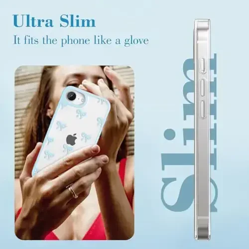 EYZUTAK Case for iPhone 16e, Clear Cute Ribbon Bowknot Pattern Aesthetic Transparent Phone Case Raised Camera Protection Stylish Slim Soft Durable TPU Protective Cover for Women Girls - Blue - 9
