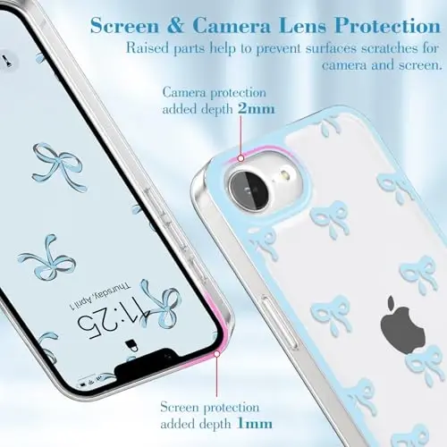 EYZUTAK Case for iPhone 16e, Clear Cute Ribbon Bowknot Pattern Aesthetic Transparent Phone Case Raised Camera Protection Stylish Slim Soft Durable TPU Protective Cover for Women Girls - Blue - 2