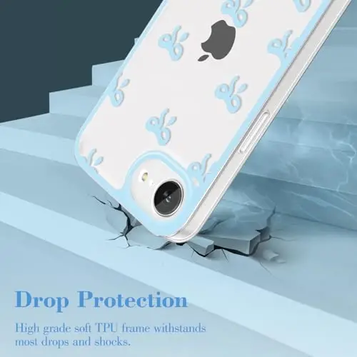 EYZUTAK Case for iPhone 16e, Clear Cute Ribbon Bowknot Pattern Aesthetic Transparent Phone Case Raised Camera Protection Stylish Slim Soft Durable TPU Protective Cover for Women Girls - Blue - 3