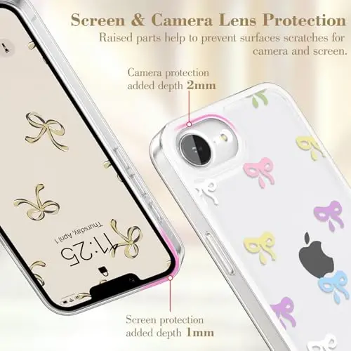 EYZUTAK Case for iPhone 16e, Clear Cute Ribbon Bowknot Pattern Aesthetic Transparent Phone Case Raised Camera Protection Stylish Slim Soft Durable TPU Protective Cover for Women Girls - Colorful - 2