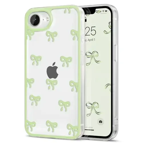 EYZUTAK Case for iPhone 16e, Clear Cute Ribbon Bowknot Pattern Aesthetic Transparent Phone Case Raised Camera Protection Stylish Slim Soft Durable TPU Protective Cover for Women Girls - Green - 1