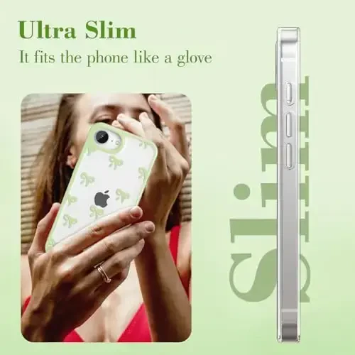 EYZUTAK Case for iPhone 16e, Clear Cute Ribbon Bowknot Pattern Aesthetic Transparent Phone Case Raised Camera Protection Stylish Slim Soft Durable TPU Protective Cover for Women Girls - Green - 10