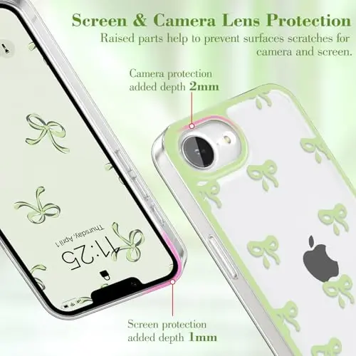 EYZUTAK Case for iPhone 16e, Clear Cute Ribbon Bowknot Pattern Aesthetic Transparent Phone Case Raised Camera Protection Stylish Slim Soft Durable TPU Protective Cover for Women Girls - Green - EYZUTAK (1)