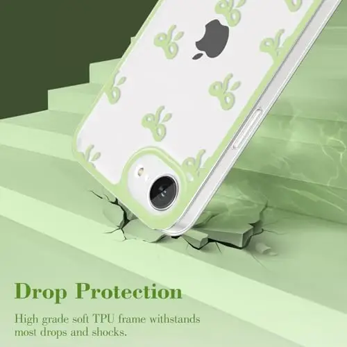 EYZUTAK Case for iPhone 16e, Clear Cute Ribbon Bowknot Pattern Aesthetic Transparent Phone Case Raised Camera Protection Stylish Slim Soft Durable TPU Protective Cover for Women Girls - Green - 3