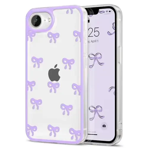 EYZUTAK Case for iPhone 16e, Clear Cute Ribbon Bowknot Pattern Aesthetic Transparent Phone Case Raised Camera Protection Stylish Slim Soft Durable TPU Protective Cover for Women Girls - Purple - EYZUTAK