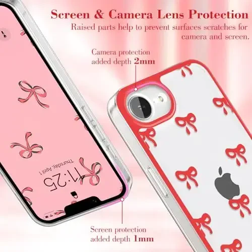 EYZUTAK Case for iPhone 16e, Clear Cute Ribbon Bowknot Pattern Aesthetic Transparent Phone Case Raised Camera Protection Stylish Slim Soft Durable TPU Protective Cover for Women Girls - Red - EYZUTAK (1)