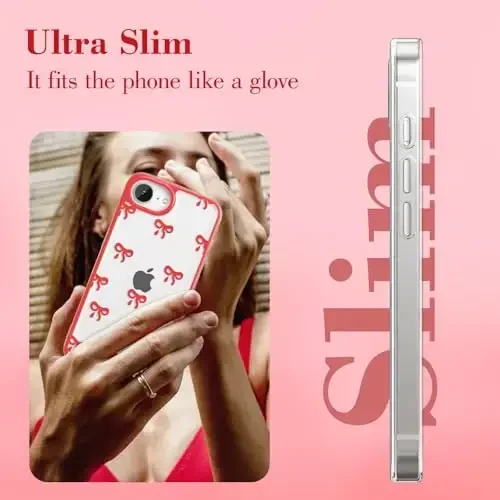 EYZUTAK Case for iPhone 16e, Clear Cute Ribbon Bowknot Pattern Aesthetic Transparent Phone Case Raised Camera Protection Stylish Slim Soft Durable TPU Protective Cover for Women Girls - Red - 9