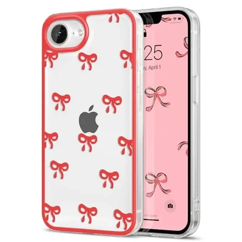 EYZUTAK Case for iPhone 16e, Clear Cute Ribbon Bowknot Pattern Aesthetic Transparent Phone Case Raised Camera Protection Stylish Slim Soft Durable TPU Protective Cover for Women Girls - Red 