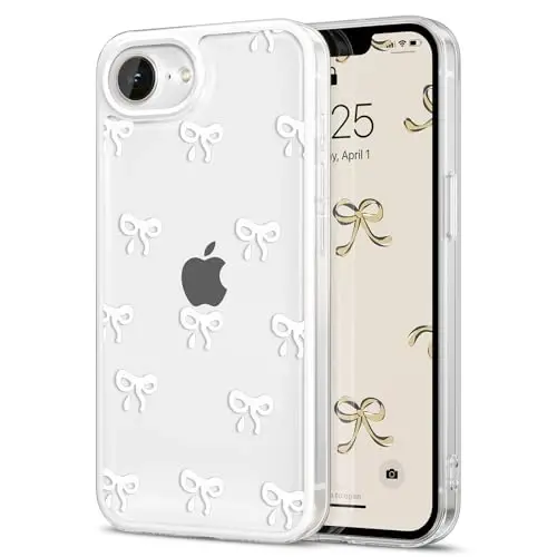EYZUTAK Case for iPhone 16e, Clear Cute Ribbon Bowknot Pattern Aesthetic Transparent Phone Case Raised Camera Protection Stylish Slim Soft Durable TPU Protective Cover for Women Girls - White 