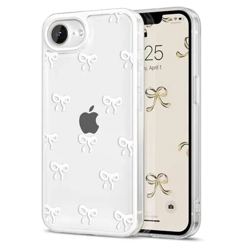 EYZUTAK Case for iPhone 16e, Clear Cute Ribbon Bowknot Pattern Aesthetic Transparent Phone Case Raised Camera Protection Stylish Slim Soft Durable TPU Protective Cover for Women Girls - White - EYZUTAK