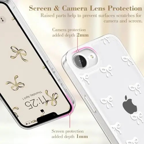EYZUTAK Case for iPhone 16e, Clear Cute Ribbon Bowknot Pattern Aesthetic Transparent Phone Case Raised Camera Protection Stylish Slim Soft Durable TPU Protective Cover for Women Girls - White - 2