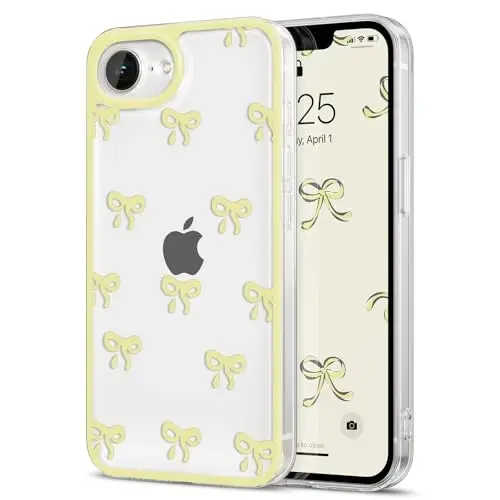 EYZUTAK Case for iPhone 16e, Clear Cute Ribbon Bowknot Pattern Aesthetic Transparent Phone Case Raised Camera Protection Stylish Slim Soft Durable TPU Protective Cover for Women Girls - Yellow 