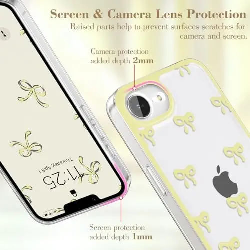 EYZUTAK Case for iPhone 16e, Clear Cute Ribbon Bowknot Pattern Aesthetic Transparent Phone Case Raised Camera Protection Stylish Slim Soft Durable TPU Protective Cover for Women Girls - Yellow - EYZUTAK (1)