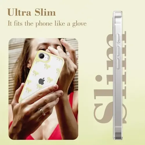 EYZUTAK Case for iPhone 16e, Clear Cute Ribbon Bowknot Pattern Aesthetic Transparent Phone Case Raised Camera Protection Stylish Slim Soft Durable TPU Protective Cover for Women Girls - Yellow - 4