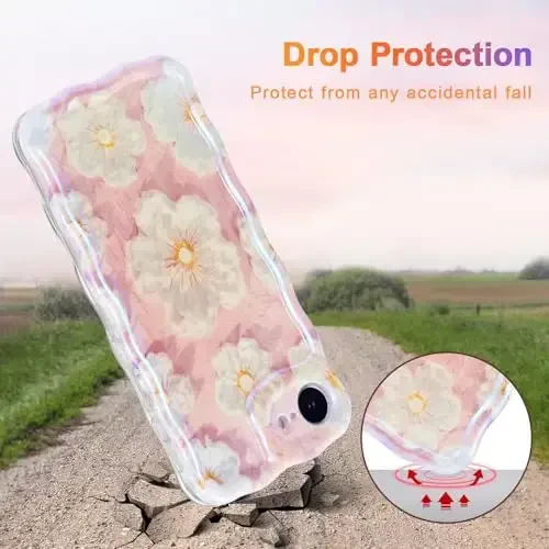 EYZUTAK Case for iPhone 16e, Colorful Retro Oil Painting Flower Laser Glossy Pattern Cute Curly Wave Edge Exquisite Phone Cover Stylish Durable TPU Protective Case for Girl Women - Light Pink - 3