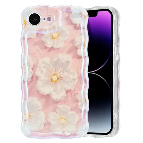 EYZUTAK Case for iPhone 16e, Colorful Retro Oil Painting Flower Laser Glossy Pattern Cute Curly Wave Edge Exquisite Phone Cover Stylish Durable TPU Protective Case for Girl Women - Light Pink 