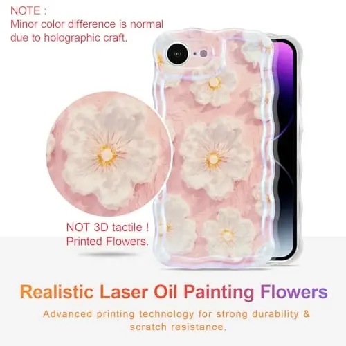 EYZUTAK Case for iPhone 16e, Colorful Retro Oil Painting Flower Laser Glossy Pattern Cute Curly Wave Edge Exquisite Phone Cover Stylish Durable TPU Protective Case for Girl Women - Light Pink - EYZUTAK (1)