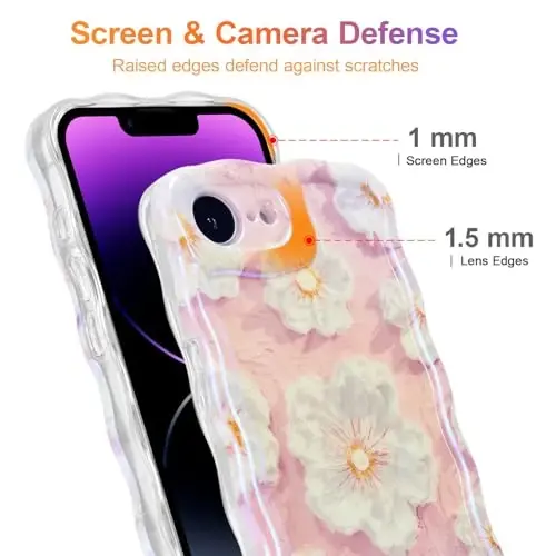 EYZUTAK Case for iPhone 16e, Colorful Retro Oil Painting Flower Laser Glossy Pattern Cute Curly Wave Edge Exquisite Phone Cover Stylish Durable TPU Protective Case for Girl Women - Light Pink - 4