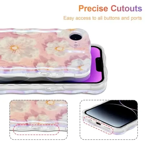 EYZUTAK Case for iPhone 16e, Colorful Retro Oil Painting Flower Laser Glossy Pattern Cute Curly Wave Edge Exquisite Phone Cover Stylish Durable TPU Protective Case for Girl Women - Light Pink - 5