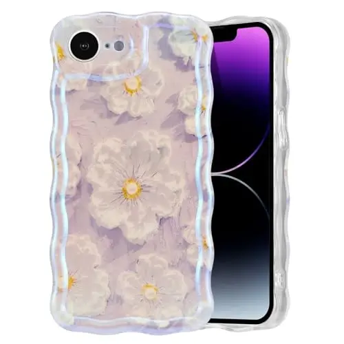 EYZUTAK Case for iPhone 16e, Colorful Retro Oil Painting Flower Laser Glossy Pattern Cute Curly Wave Edge Exquisite Phone Cover Stylish Durable TPU Protective Case for Girl Women - Light Purple - EYZUTAK