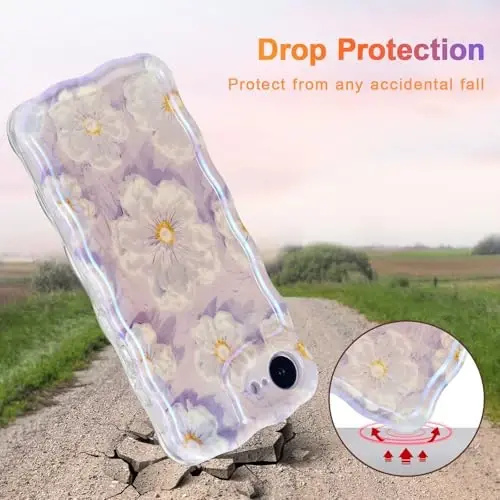 EYZUTAK Case for iPhone 16e, Colorful Retro Oil Painting Flower Laser Glossy Pattern Cute Curly Wave Edge Exquisite Phone Cover Stylish Durable TPU Protective Case for Girl Women - Light Purple - 3