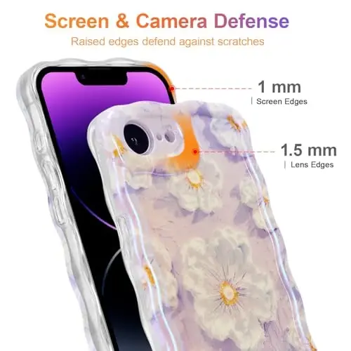 EYZUTAK Case for iPhone 16e, Colorful Retro Oil Painting Flower Laser Glossy Pattern Cute Curly Wave Edge Exquisite Phone Cover Stylish Durable TPU Protective Case for Girl Women - Light Purple - 4