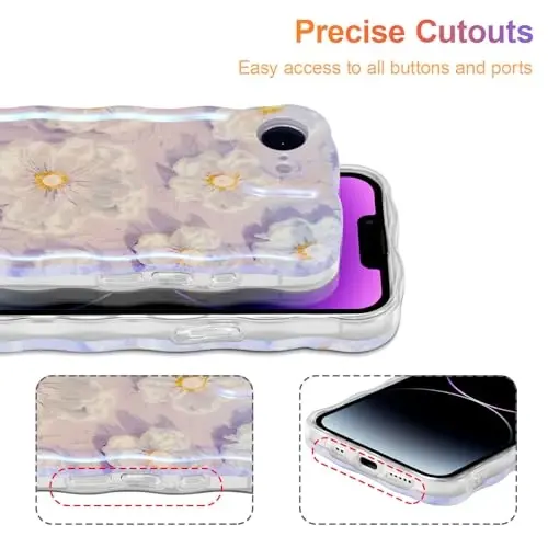 EYZUTAK Case for iPhone 16e, Colorful Retro Oil Painting Flower Laser Glossy Pattern Cute Curly Wave Edge Exquisite Phone Cover Stylish Durable TPU Protective Case for Girl Women - Light Purple - 5
