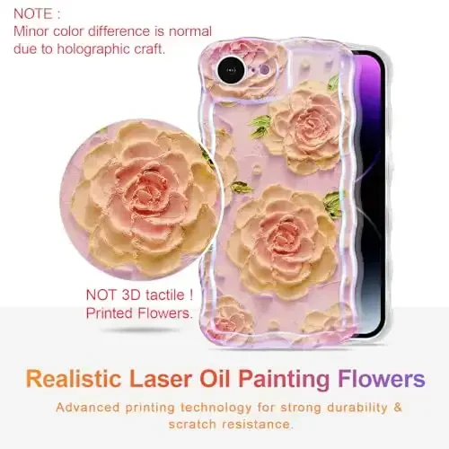 EYZUTAK Case for iPhone 16e, Colorful Retro Oil Painting Flower Laser Glossy Pattern Cute Curly Wave Edge Exquisite Phone Cover Stylish Durable TPU Protective Case for Girl Women - Pink Peony - 2
