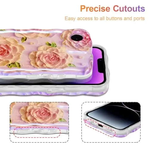 EYZUTAK Case for iPhone 16e, Colorful Retro Oil Painting Flower Laser Glossy Pattern Cute Curly Wave Edge Exquisite Phone Cover Stylish Durable TPU Protective Case for Girl Women - Pink Peony - 5