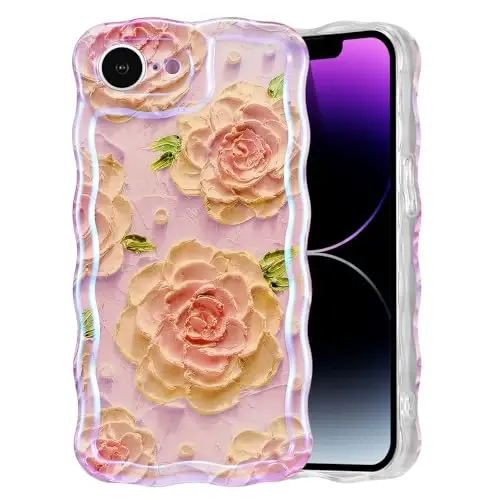EYZUTAK Case for iPhone 16e, Colorful Retro Oil Painting Flower Laser Glossy Pattern Cute Curly Wave Edge Exquisite Phone Cover Stylish Durable TPU Protective Case for Girl Women - Pink Peony 