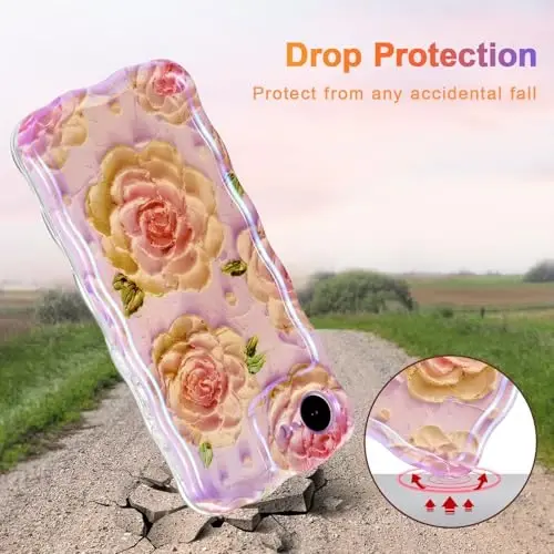EYZUTAK Case for iPhone 16e, Colorful Retro Oil Painting Flower Laser Glossy Pattern Cute Curly Wave Edge Exquisite Phone Cover Stylish Durable TPU Protective Case for Girl Women - Pink Peony - 3