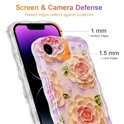 EYZUTAK Case for iPhone 16e, Colorful Retro Oil Painting Flower Laser Glossy Pattern Cute Curly Wave Edge Exquisite Phone Cover Stylish Durable TPU Protective Case for Girl Women - Pink Peony - 4