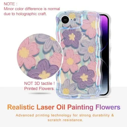 EYZUTAK Case for iPhone 16e, Colorful Retro Oil Painting Flower Laser Glossy Pattern Cute Curly Wave Edge Exquisite Phone Cover Stylish Durable TPU Protective Case for Girls Women - Pink Purple - EYZUTAK (1)
