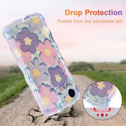 EYZUTAK Case for iPhone 16e, Colorful Retro Oil Painting Flower Laser Glossy Pattern Cute Curly Wave Edge Exquisite Phone Cover Stylish Durable TPU Protective Case for Girls Women - Pink Purple - 3